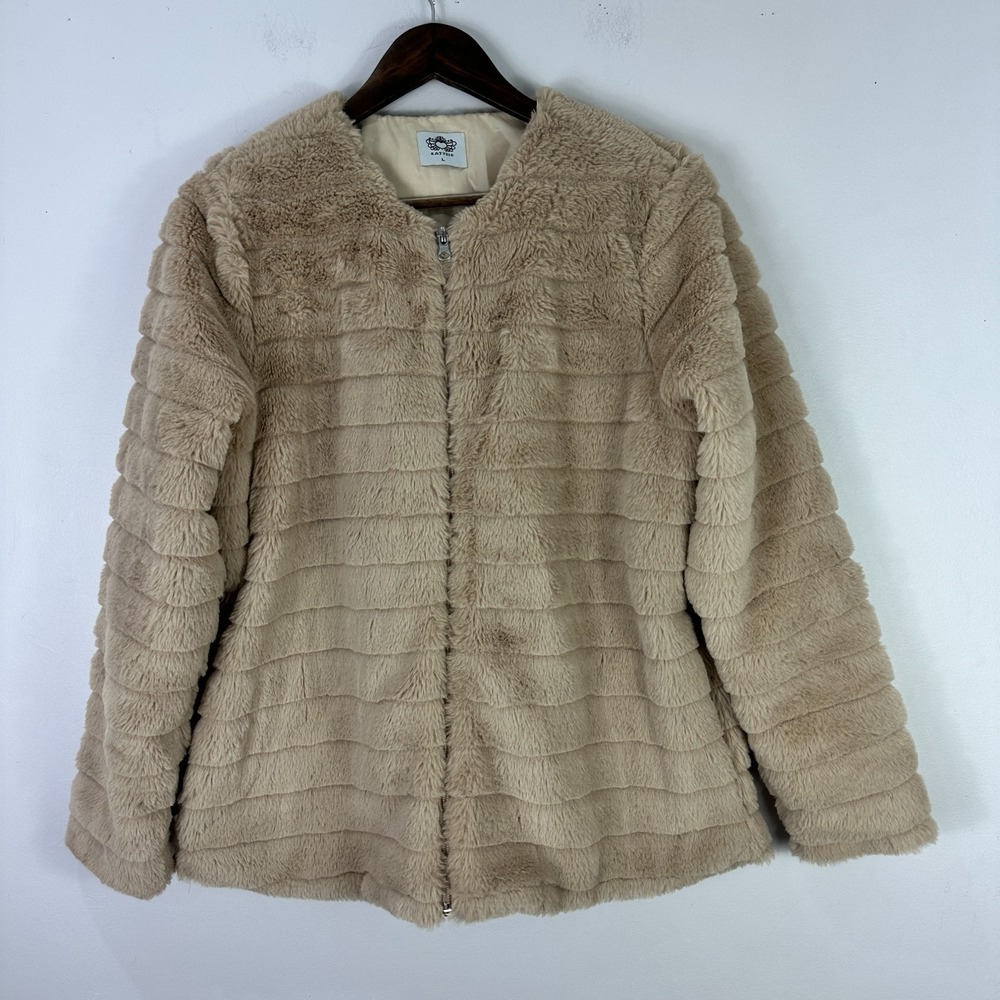 Katydid Faux Fur Jacket Women Large Beige‎ Teddy Coat Plush Cozy ShowGirl